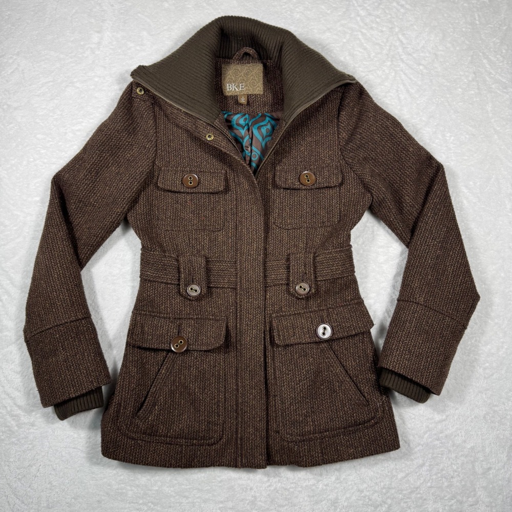 BKE Wool Women's Small Brown Herringbone Knit Zip Utility Jacket Gold Shimmer